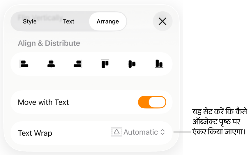 “टेक्स्ट के साथ मूव करें” और “टेक्स्ट रैप करें” के साथ “व्यवस्थित करें” नियंत्रण।