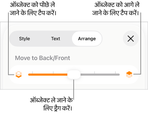 “पीछे मूव करें” बटन, “आगे मूव करें” बटन और लेयर स्लाइडर।
