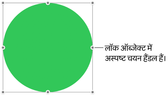 अस्पष्ट चयन हैंडल वाला लॉक किया गया ऑब्जेक्ट।