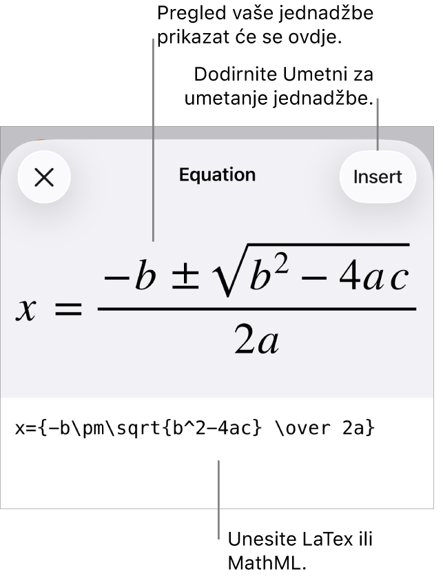Dijaloški okvir Jednadžba koji prikazuje jednadžbu napisanu korištenjem MathML naredbi i prikaz gornje formule.