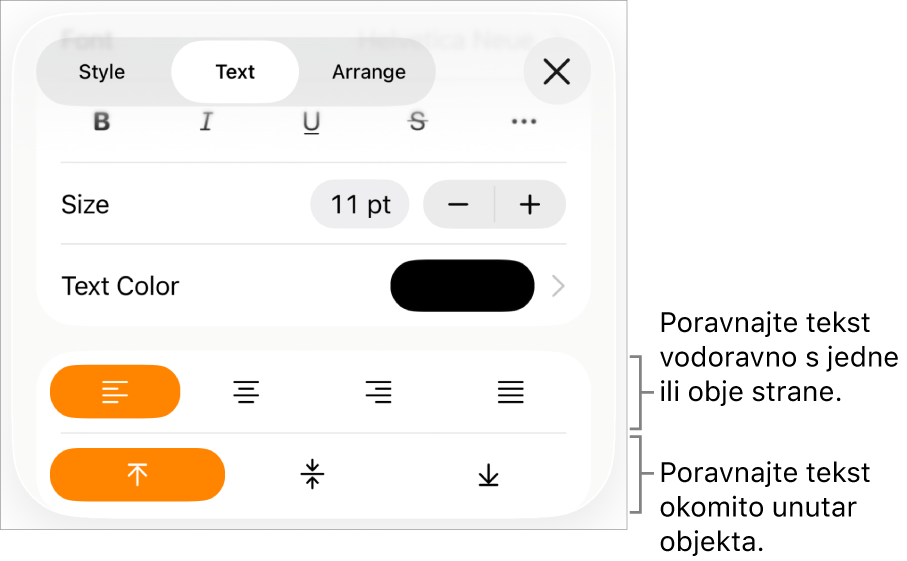 Prozor Raspored s balončićima za tipke za poravnanje teksta i razmak.