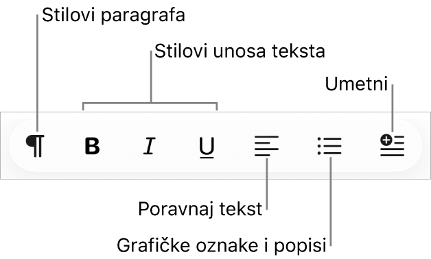 Traka Brzo formatiranje s prikazom ikona za stilove paragrafa, stilove unosa, poravnanje teksta, grafičke oznake i umetanje elemenata.