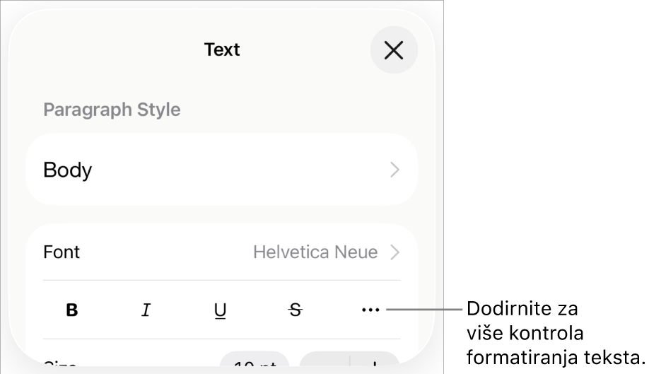 Kartica Tekst u kontrolama formatiranja, s oblačićem na tipku Dodatne opcije teksta.