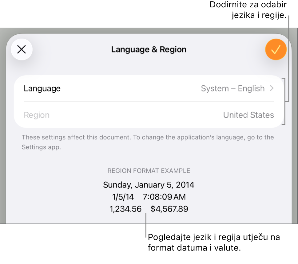 Prozor Jezik i regija s kontrolama za jezik i regiju te primjer formatiranja uključujući datum, vrijeme, decimalu i valutu.
