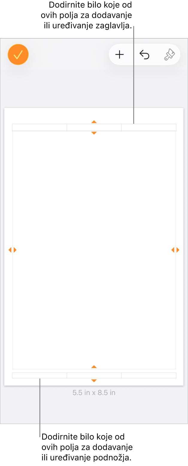 Prikaz Više opcija s tri polja pri vrhu dokumenta za zaglavlja i tri polja pri dnu za podnožja.