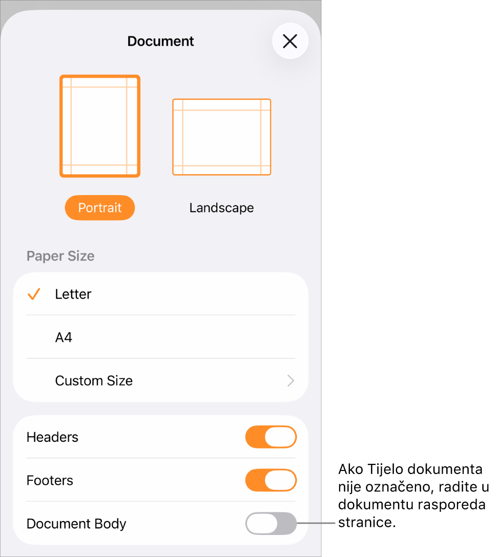Podešenje dokumenta otvoreno s odoznačenom opcijom Tijelo dokumenta u dokumentu s rasporedom stranica.