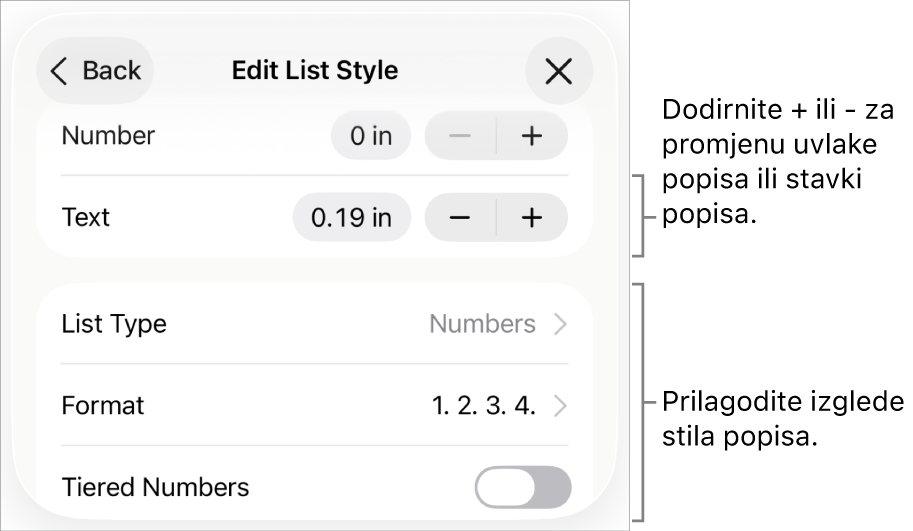 Uredite izbornik Stil popisa s kontrolama za uvučeni razmak, vrstu popisa i format, hijerarhiju brojeva i prored.