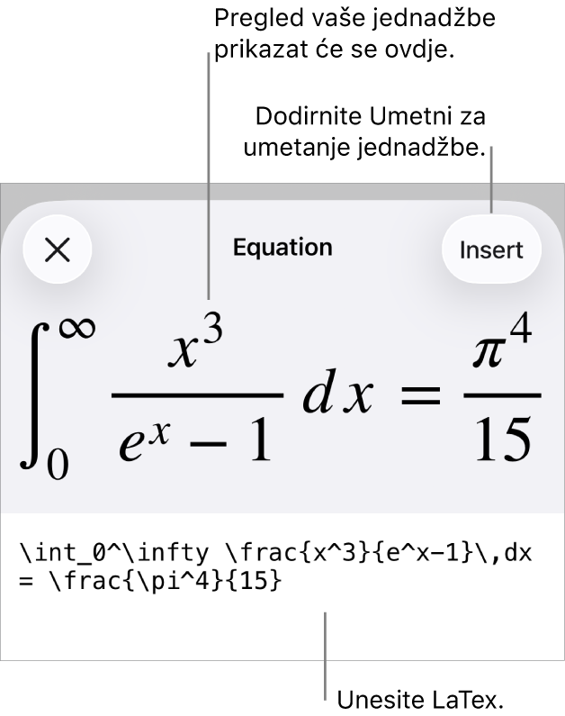 Dijaloški okvir Jednadžba koji prikazuje jednadžbu napisanu korištenjem LaTeX naredbi i prikaz gornje formule.