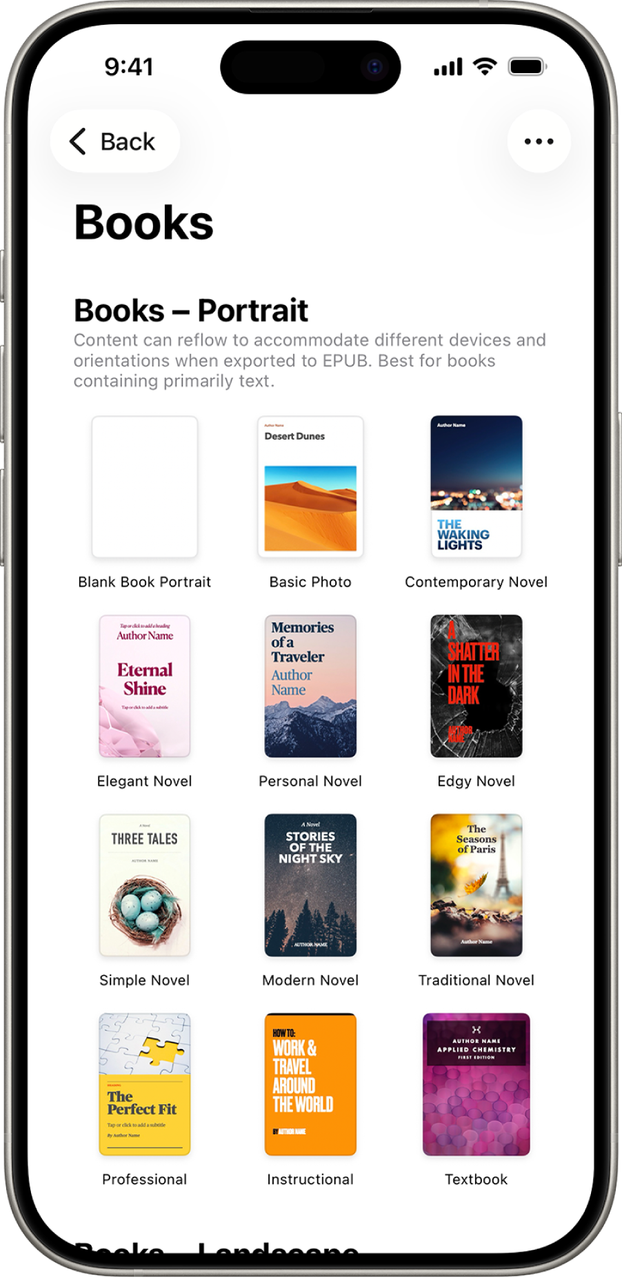 Izbornik predložaka s predlošcima knjiga u orijentaciji portret na vrhu i orijentaciji pejzaž ispod.