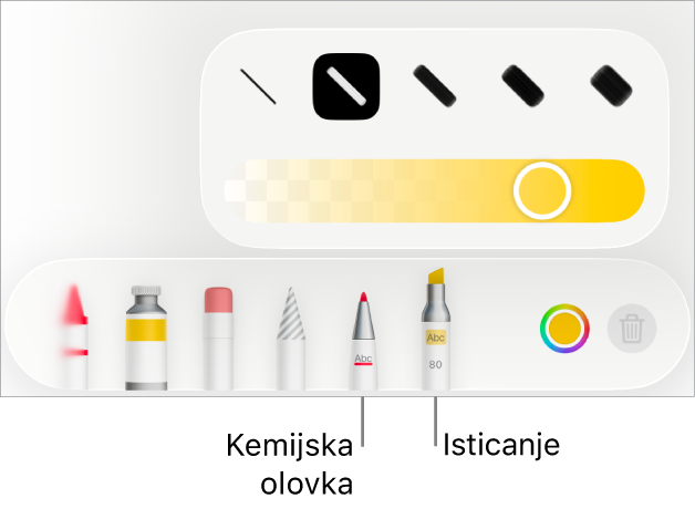 Izbornik s alatom Pametne zabilješke s tipkama za kemijsku ili marker, opcijama za širinu linija te kliznikom za neprozirnost.