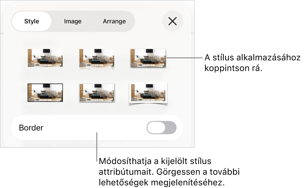 A Formátum menü Stílus lapja, felül az objektumstílusokkal, alattuk pedig a szegély módosítására szolgáló vezérlővel.
