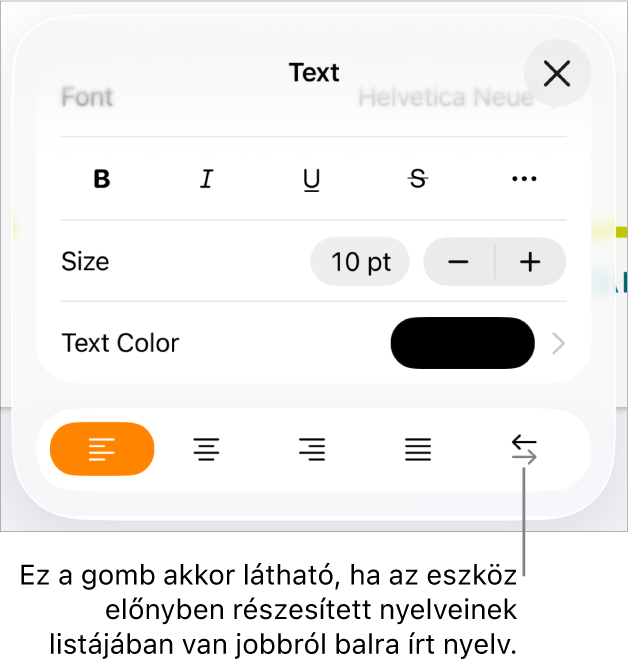 A Formátum menü szövegvezérlői a Jobb vagy a Bal gombra mutató ábrafeliratokkal.