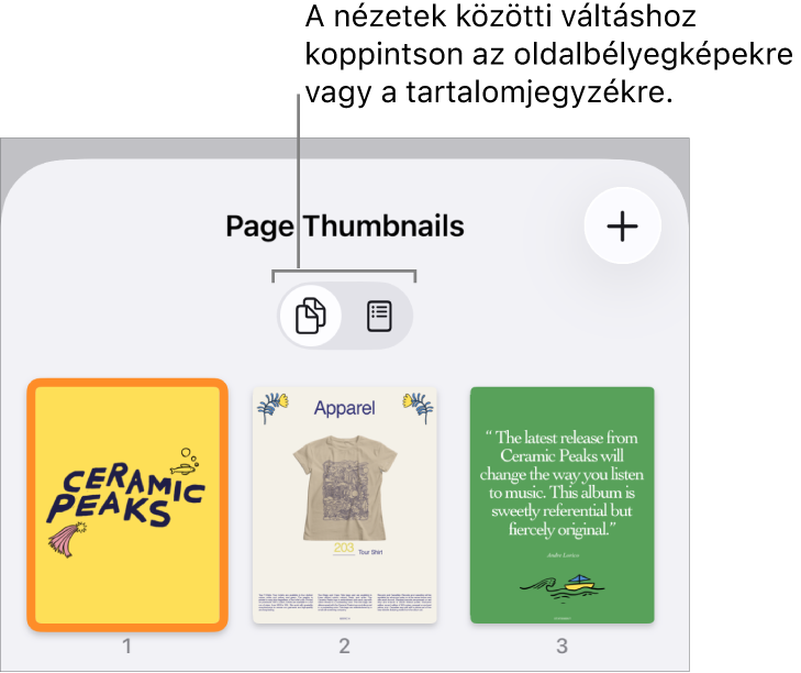 Az Oldalbélyegképek nézete az egyes oldalakhoz tartozó oldalbélyegképekkel. Az Oldalbélyegképek gomb és a Tartalomjegyzék gomb a képernyő alján található.