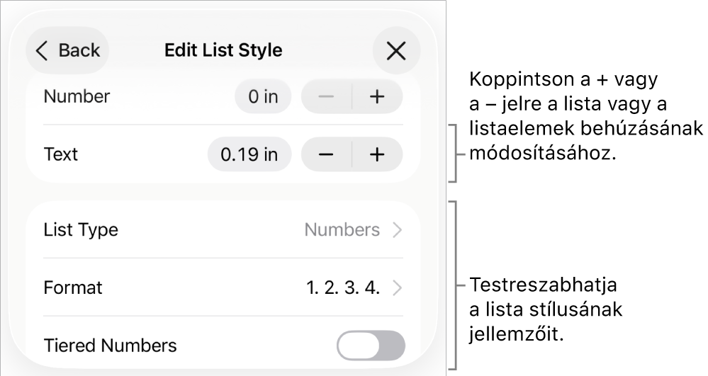 A Listastílusok szerkesztése menü a behúzás térköz, a listatípus és -formátum, a rétegezett számok és a sortávolság vezérlőivel.