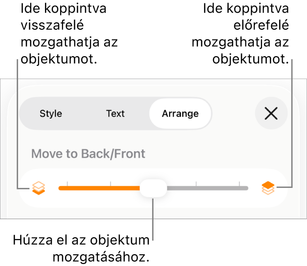 Visszafelé mozgatás gomb, Mozgatás előre gomb és a rétegezés csúszka.