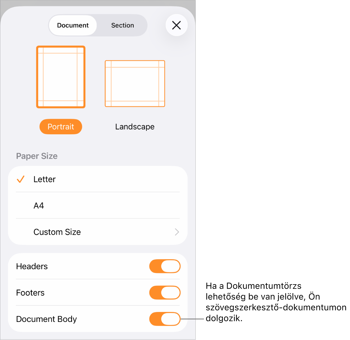 A megnyitott Dokumentum beállítása menü a bejelölt Dokumentumtörzs lehetőséggel egy szövegszerkesztő-dokumentumban.