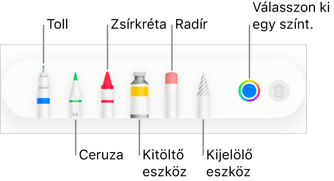 A rajz eszközsor az iPhone Pages appjában tollal, ceruzával, zsírkrétával, kitöltőeszközzel, radírral, kijelölés eszközzel és az aktuális színt megjelenítő színrekesszel.