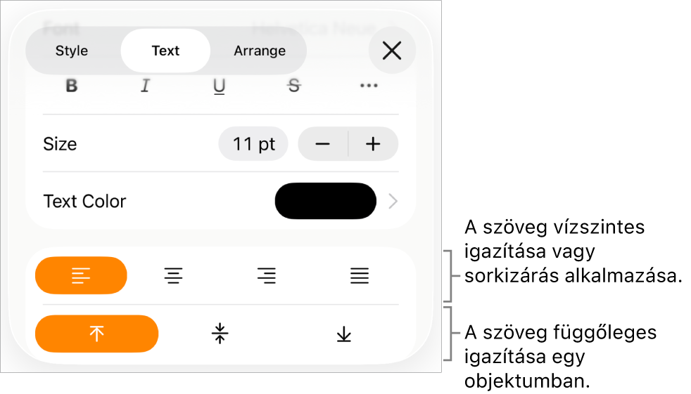Az Elrendezés panel a szövegigazítási és térköz-beállítási gombokat ismertető feliratokkal.