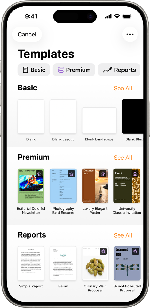 A sablonválasztó, a kategóriák sorával a felső részén, ahonnan a szűrési feltételek választhatók ki. Alatta a kategóriák alapján sorokba rendezett előre elkészített sablonok bélyegképei láthatók. Elsőként az Új kategória látható, melyet az Előzmények és az Egyszerű kategória követ. Minden egyes sor jobb oldalán egy Összes megtekintése gomb látható.