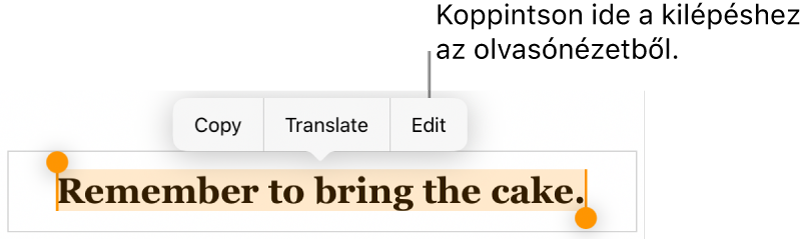 Egy kijelölt mondat, amely fölött a Másolás és Szerkesztés gombokat tartalmazó környezetfüggő menü látható.