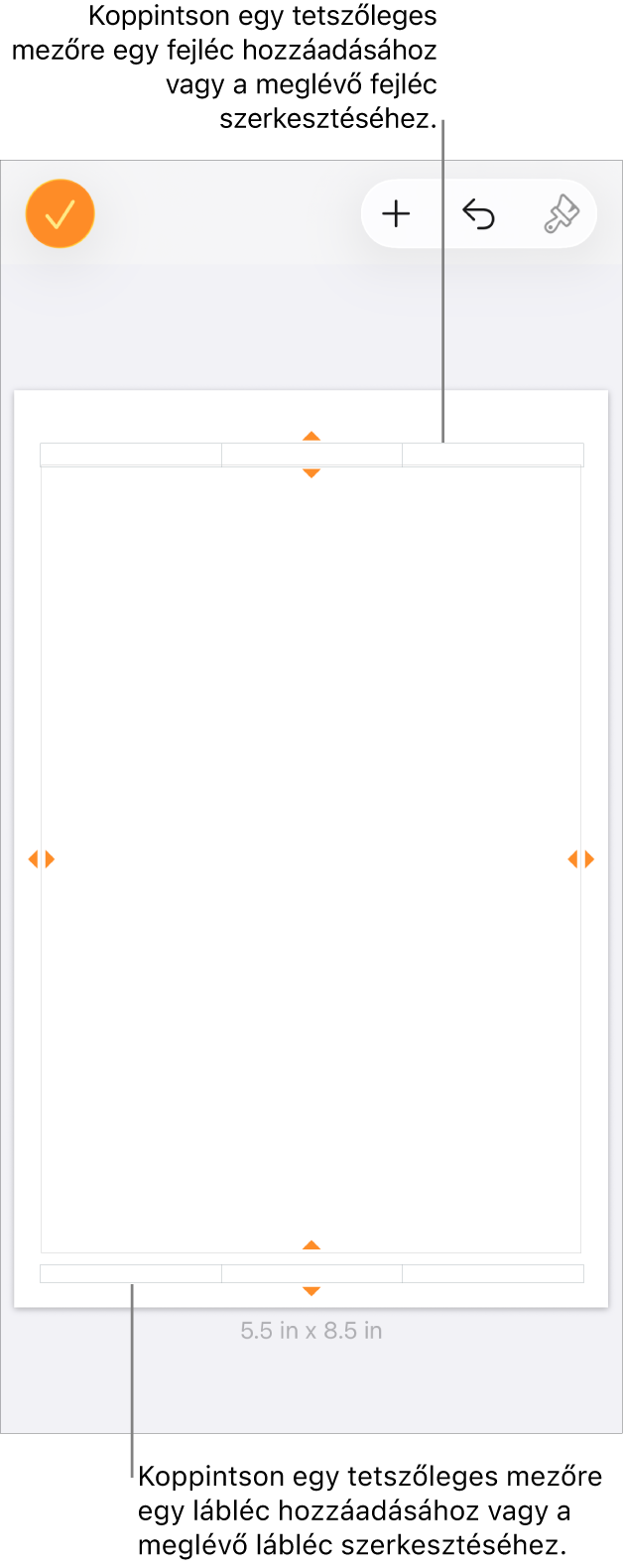 A További beállítások nézet három fejléc mezővel a lap tetején és három lábléc mezővel a lap alján.