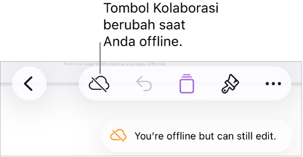 Tombol di bagian atas layar, dengan tombol Kolaborasikan berubah menjadi awan dengan garis diagonal melaluinya. Peringatan di layar bertuliskan “Anda offline tapi masih dapat mengedit”.