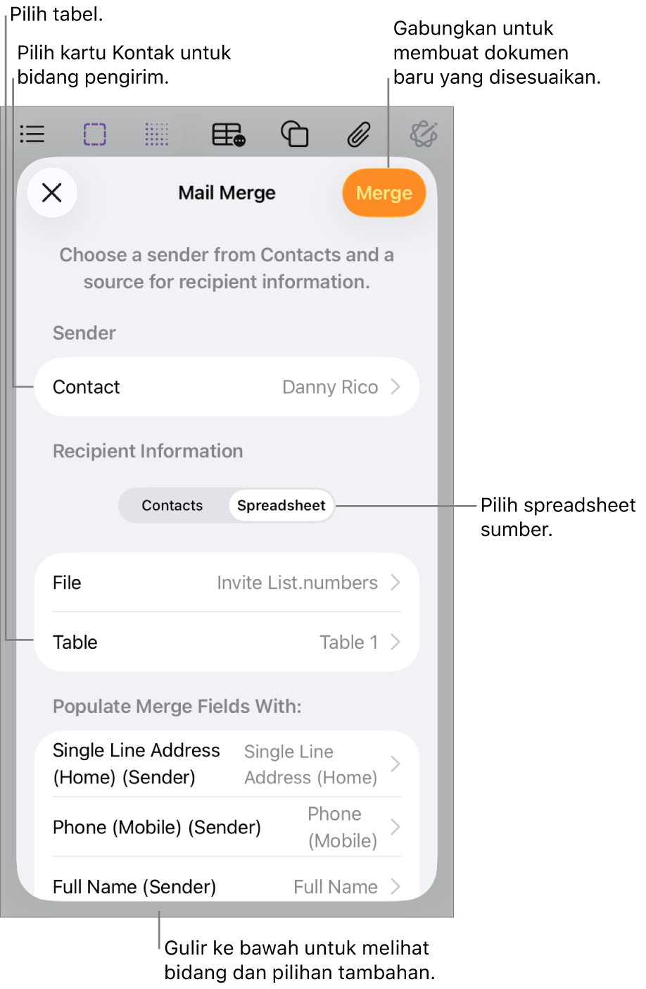 Panel Penggabungan Mail dibuka, dengan pilihan untuk memilih informasi pengirim, mengubah file atau tabel sumber, mempratinjau nama bidang gabungan atau catatan terpisah, atau menggabungkan dokumen.