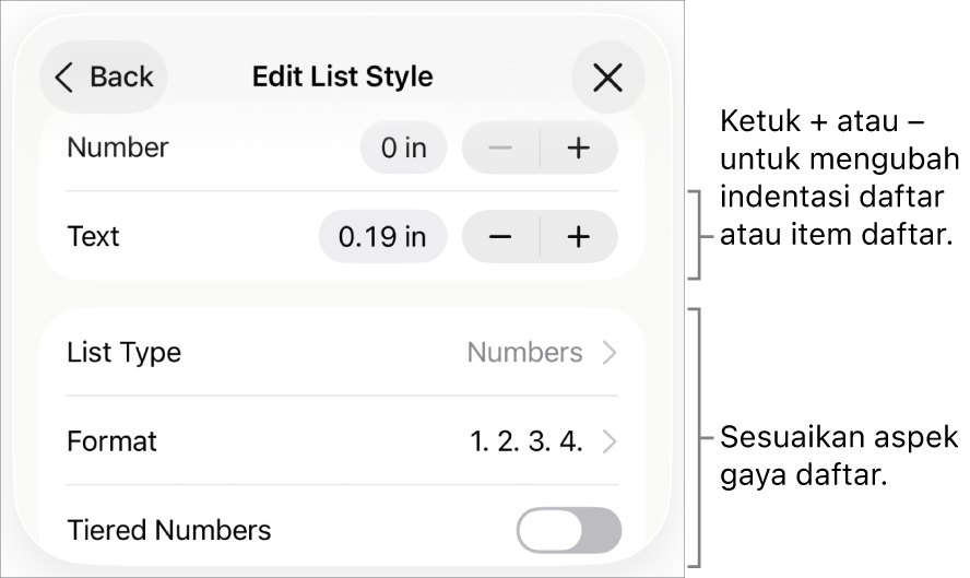 Menu Edit Gaya Daftar untuk spasi indentasi, jenis dan format daftar, penomoran bertingkat, dan spasi baris.