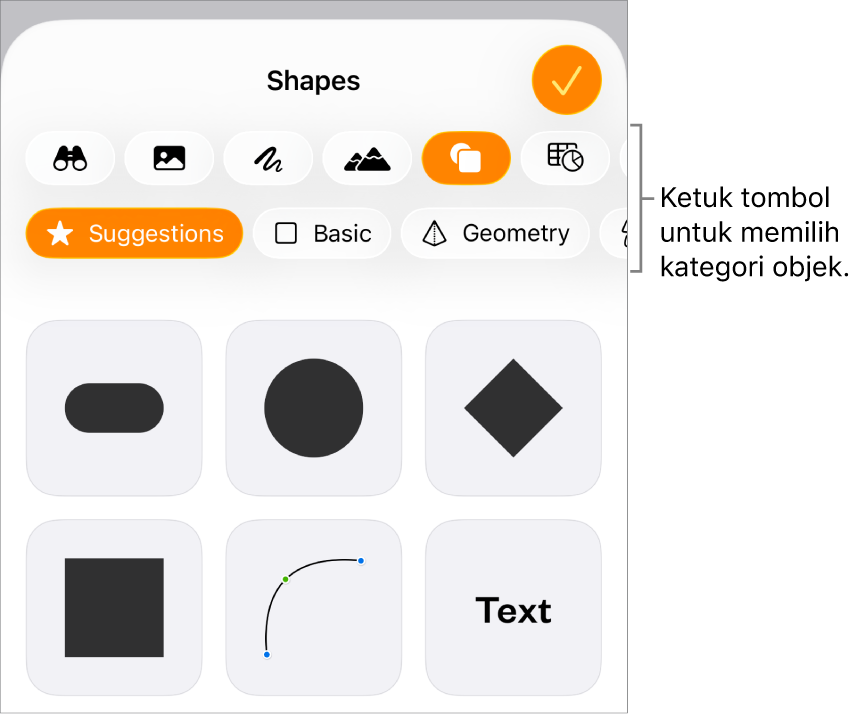Kontrol untuk menambahkan objek, dengan tombol di bagian atas untuk memilih tabel, bagan, bentuk (termasuk baris dan kotak teks), dan media.