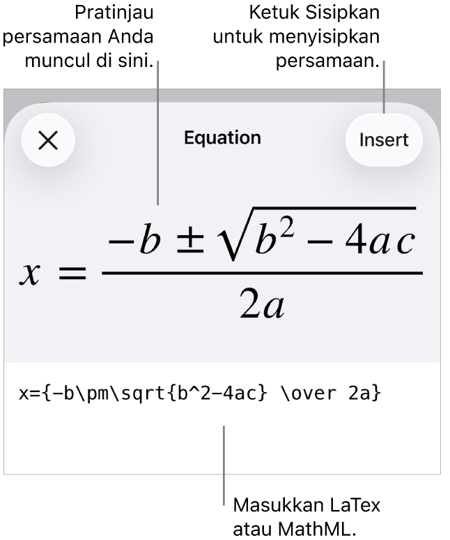 Dialog Persamaan, menampilkan sebuah persamaan ditulis menggunakan perintah MathML, dan pratinjau formula di atas.
