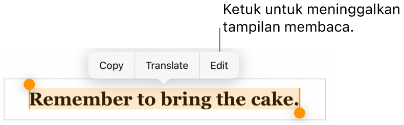 Kalimat dipilih, dan di atasnya terdapat menu kontekstual dengan tombol Salin dan Edit.