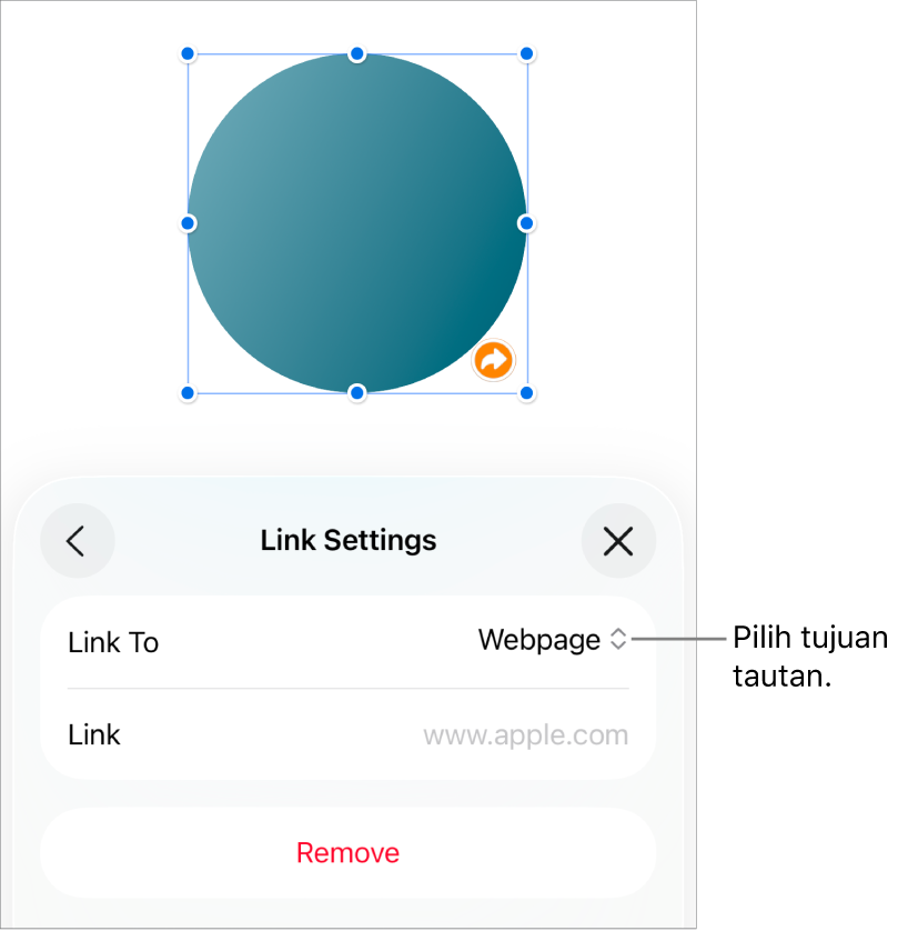 Kontrol Pengaturan Tautan dengan Halaman Web dipilih, dan tombol Hapus di bagian bawah.