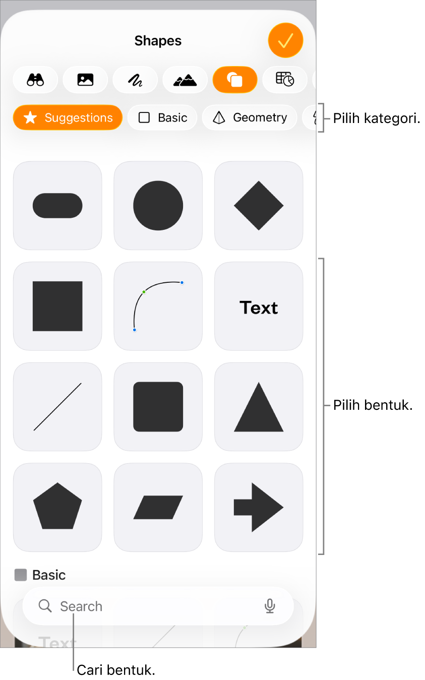 Perpustakaan bentuk, dengan kategori di bagian atas dan bentuk ditampilkan di bawah. Anda dapat menggunakan tombol pencarian di bagian atas untuk menemukan bentuk dan menggesek untuk melihat lainnya.