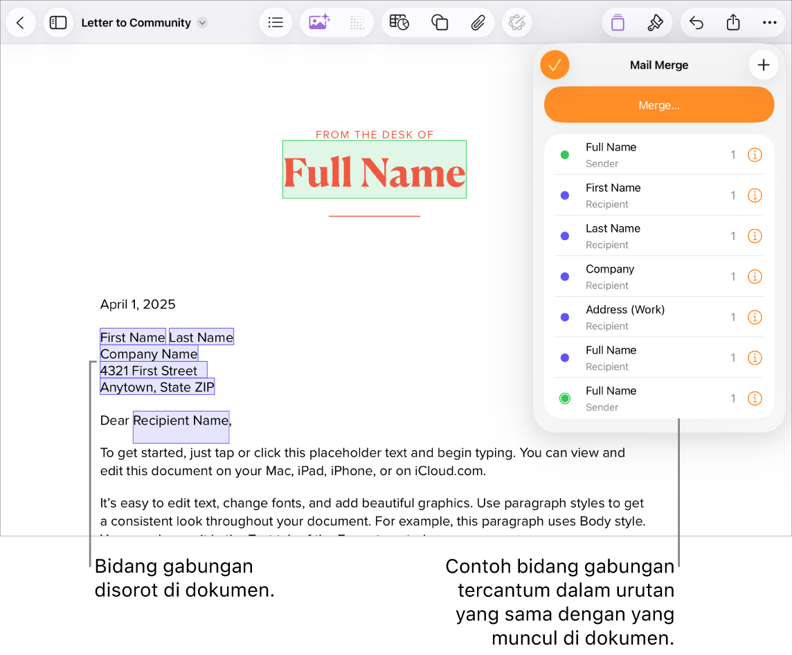 Dokumen Pages dengan bidang gabungan penerima dan pengirim, serta daftar contoh bidang gabungan terlihat di bar samping Dokumen.