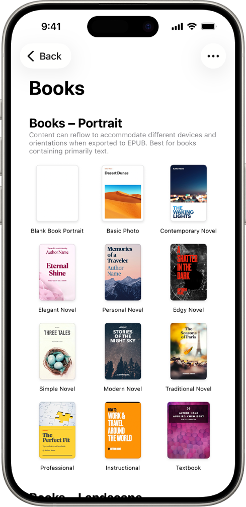 Pemilih template dengan template buku dalam orientasi potret di bagian atas dan orientasi lanskap di bagian bawah.