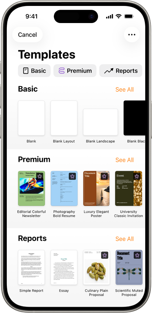 Pemilih template, menampilkan baris kategori di sepanjang bagian atas yang dapat Anda ketuk untuk memfilter pilihan. Di bawah terdapat gambar mini template yang didesain sebelumnya yang diatur dalam baris menurut kategori, dimulai dengan Baru di bagian atas dan diikuti dengan Terbaru dan Dasar. Tombol Lihat Semua muncul di atas dan di sebelah kanan setiap baris kategori.