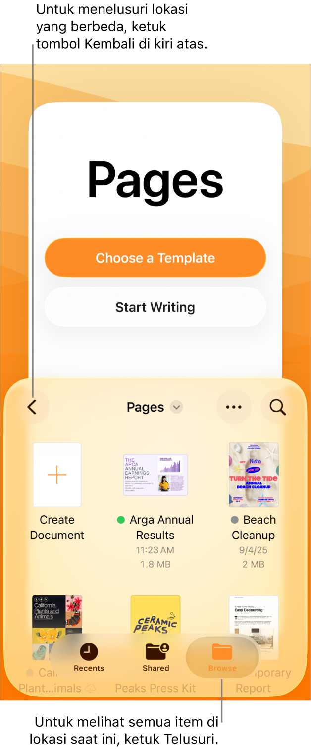 Tampilan telusur pengelola dokumen dengan tombol Kembali di pojok kiri atas dan di bawahnya terdapat bidang Cari. Di bawah bidang Cari, terdapat tombol Buat Dokumen di samping gambar mini dokumen yang ada. Di pojok kanan atas terdapat tombol Terbaru, Bersama, dan Telusuri.