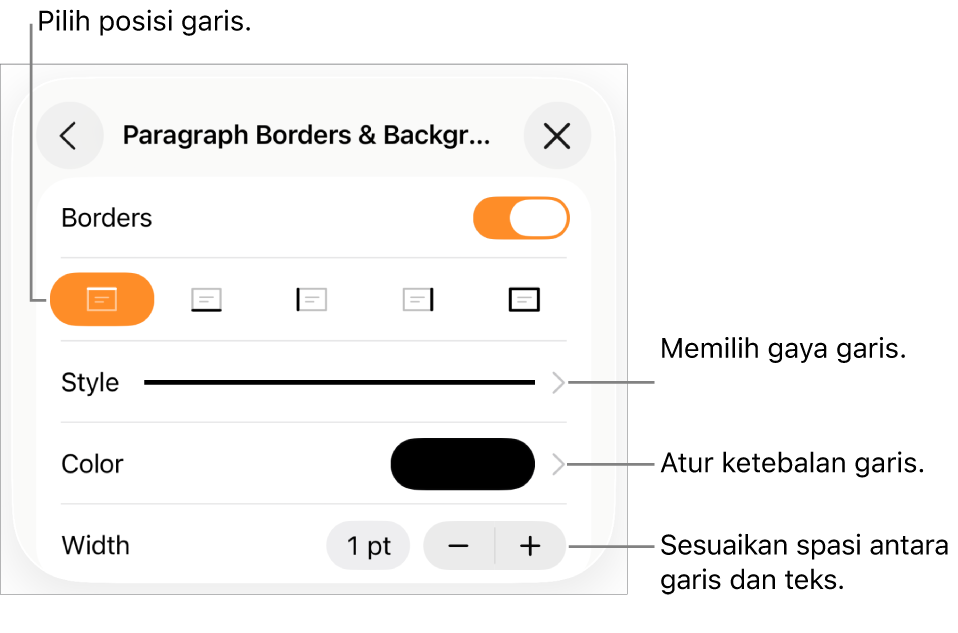 Kontrol untuk mengubah gaya, ketebalan, posisi, dan warna garis.