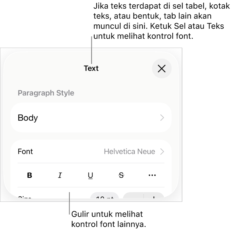 Kontrol teks di menu Format untuk mengatur paragraf dan gaya karakter, font, ukuran, dan warna.