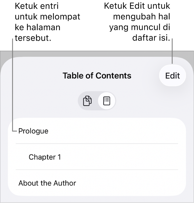 Tampilan daftar isi dengan heading di daftar. Tombol Edit terdapat di pojok kanan atas dan di bagian bawah terdapat tombol Gambar Mini Halaman serta Daftar Isi.