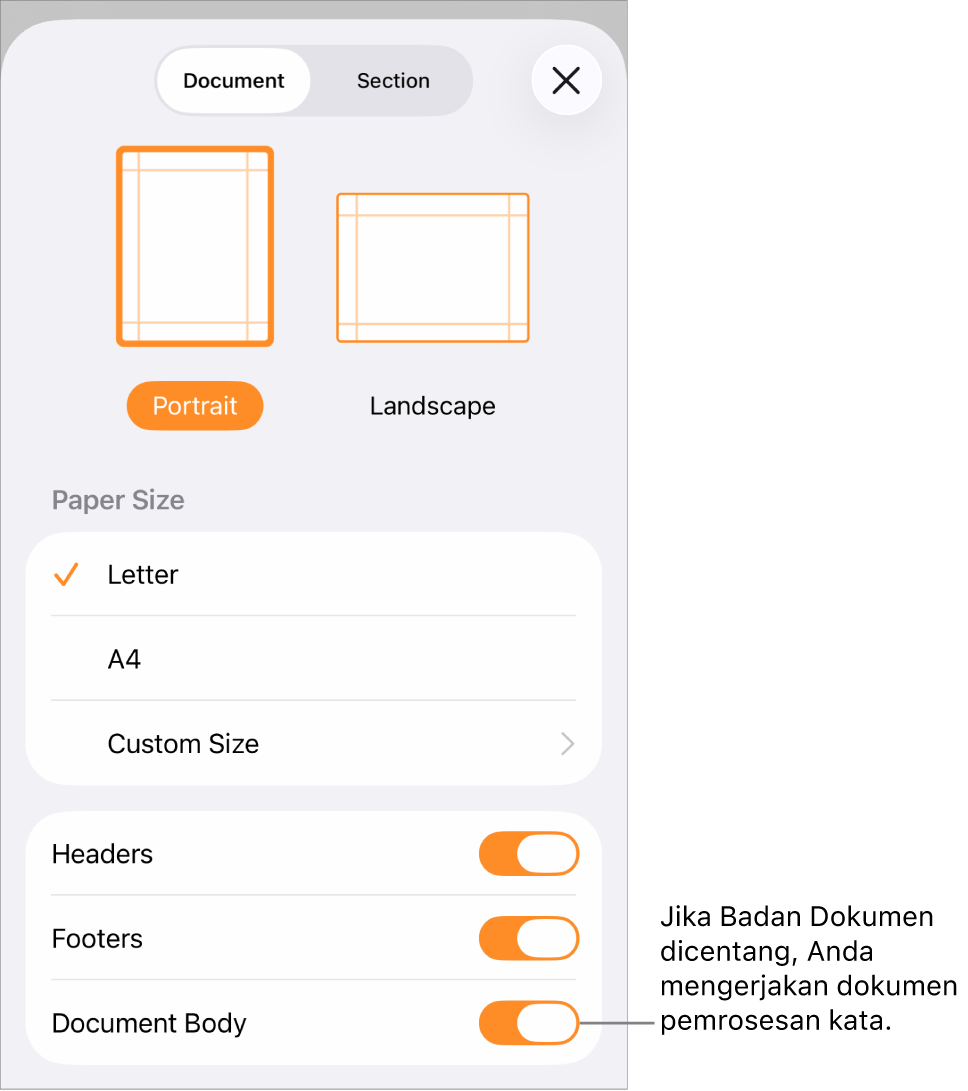Pengaturan Dokumen terbuka dengan Badan Dokumen dicentang di dokumen pemrosesan kata.