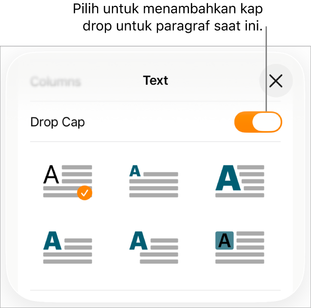 Kontrol Kap Drop terletak di menu Teks.