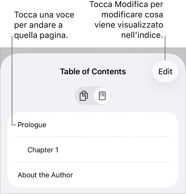 La vista indice con le intestazioni in un elenco. Nell’angolo superiore destro c’è un pulsante Modifica, mentre nella parte inferiore ci sono i pulsanti “Miniature pagina” e Indice.