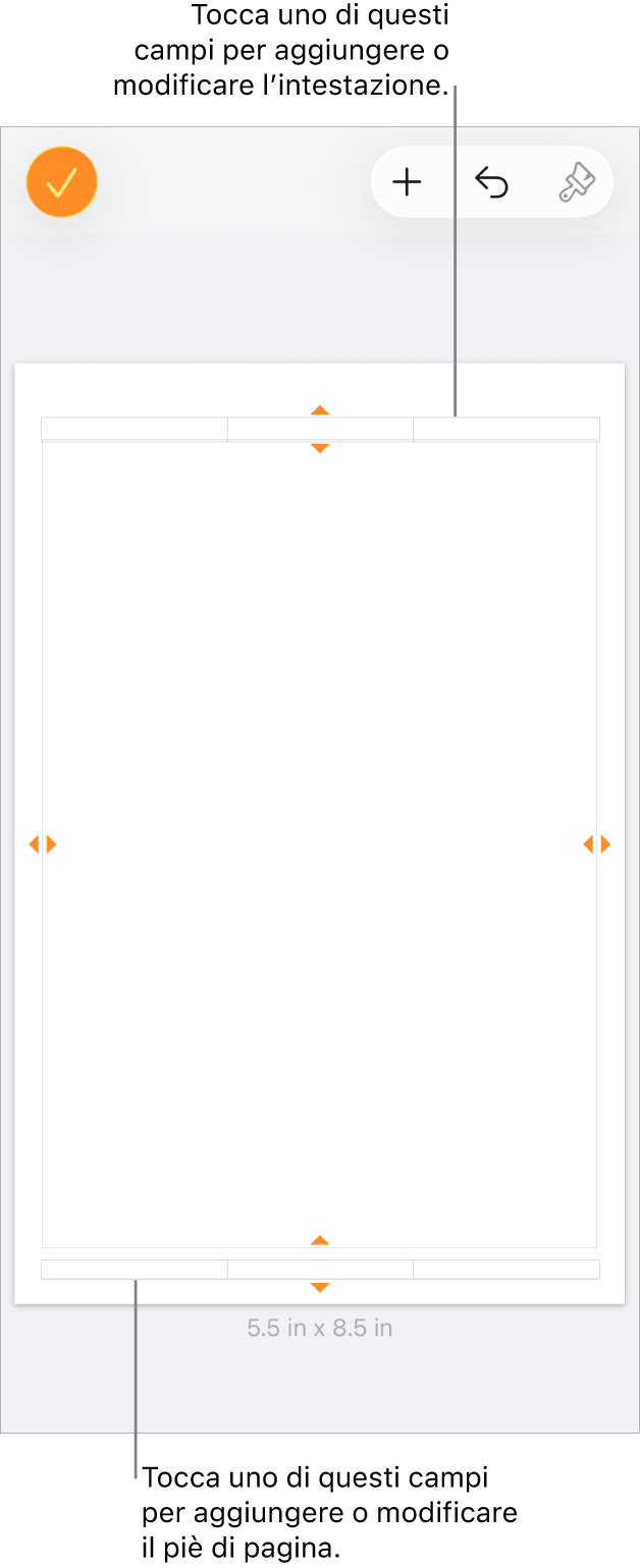 La vista “Altre opzioni” con tre campi nella parte superiore del documento per le intestazioni e tre campi nella parte inferiore per i piè di pagina.