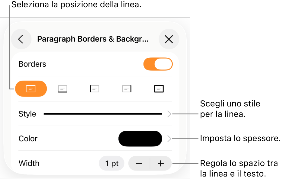 Controlli per modificare lo stile, lo spessore, la posizione e il colore della linea.