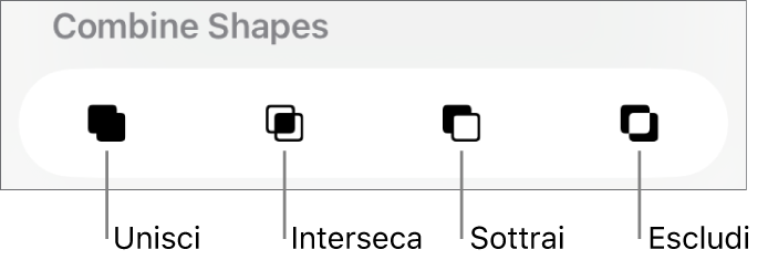 Pulsanti Unisci, Interseca, Sottrai ed Escludi in “Combina forme”.