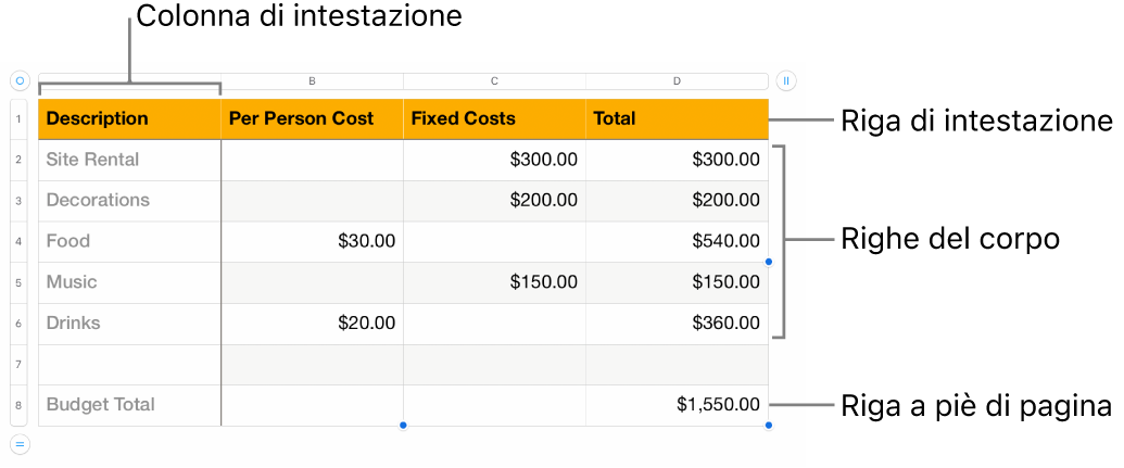 Tabella con righe e colonne di intestazione, corpo e piè di pagina.