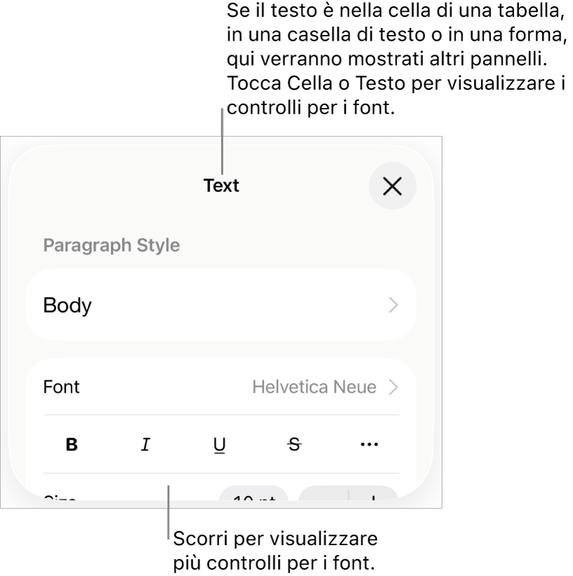 Controlli di testo nel menu Formattazione per impostare stili di carattere e paragrafo, font, dimensione e colore.