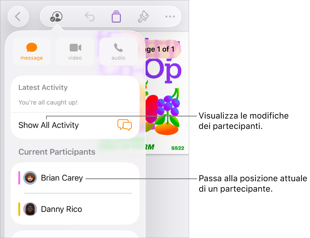 Il menu per la collaborazione i partecipanti attuali elencati.