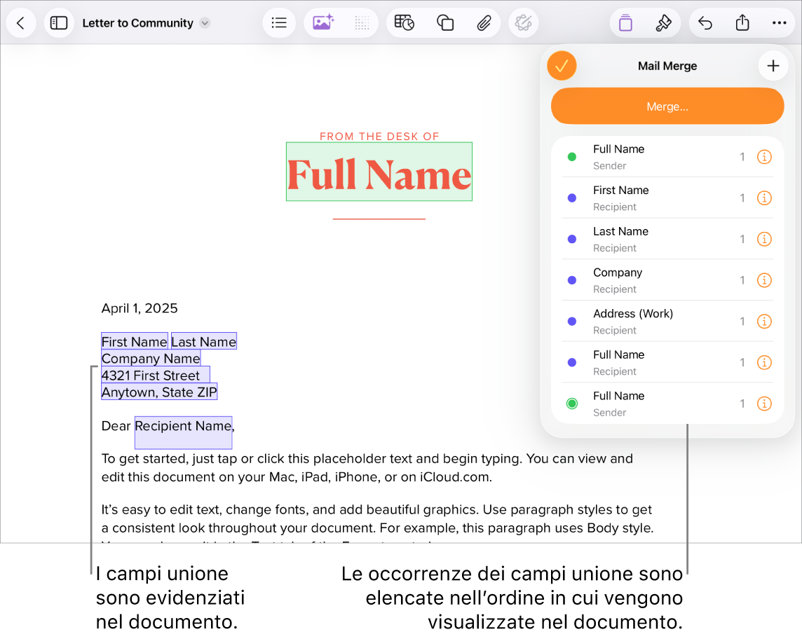 Documento di Pages con i campi unione del destinatario e del mittente e l’elenco delle istanze dei campi unione visibile nella barra laterale del documento.